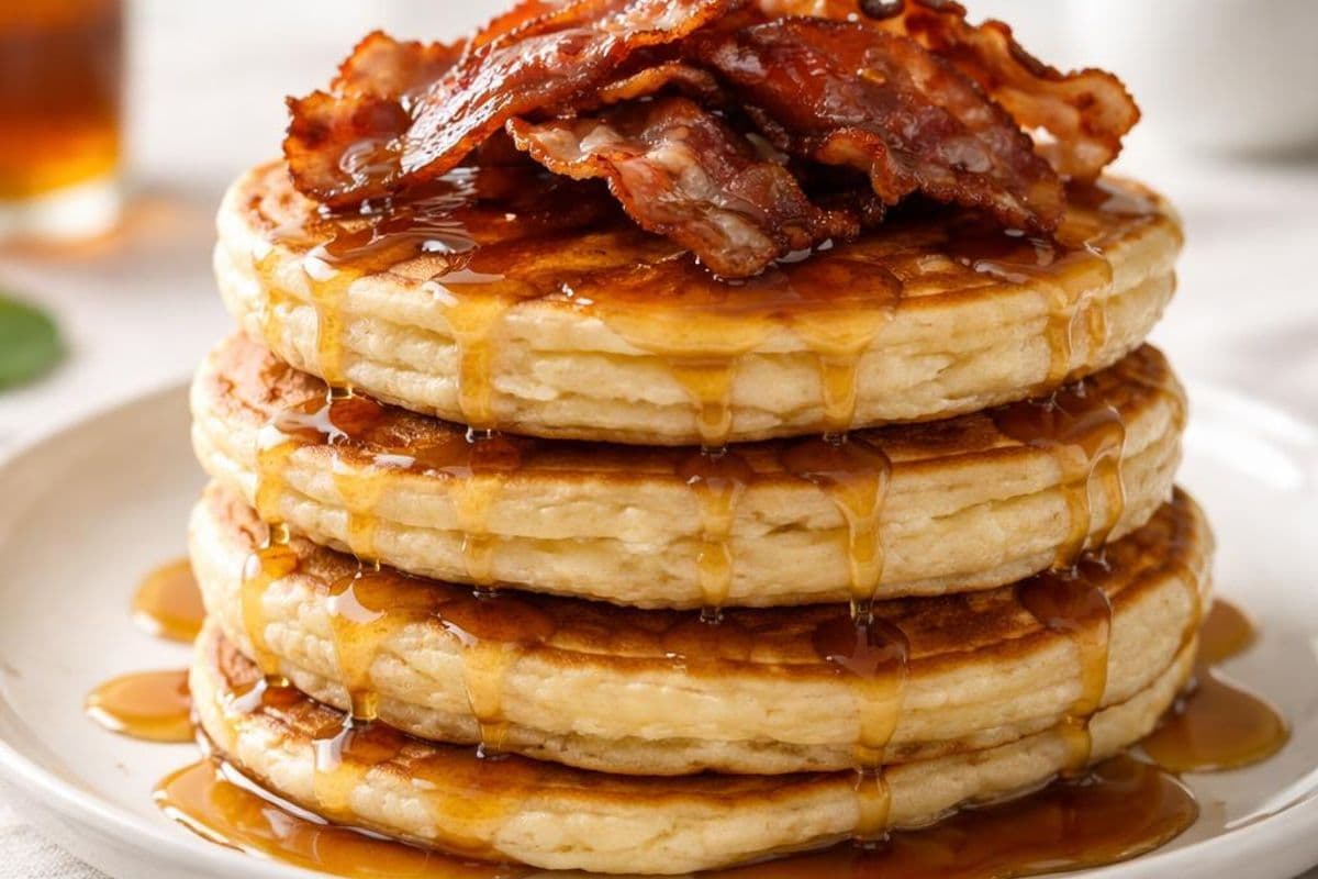 American Pancakes with Crispy Bacon and Maple Syrup