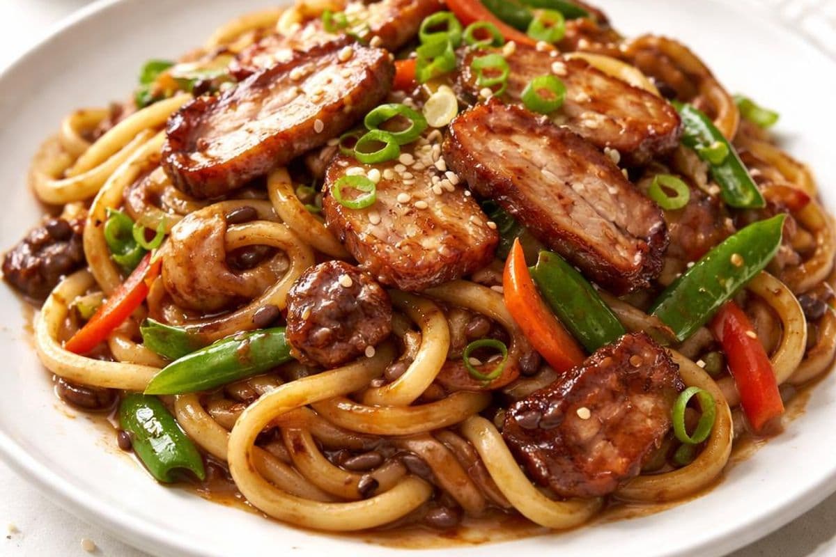 Udon Noodle Stir Fry with Black Bean Sauce and BBQ Pork