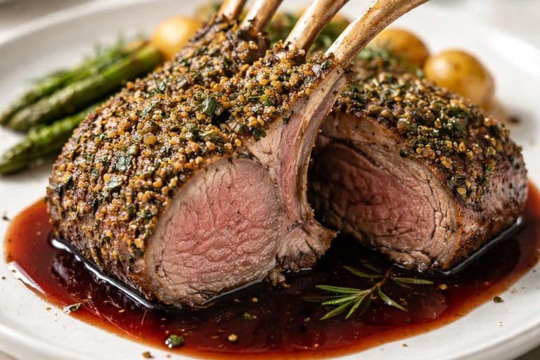 Herb-Crusted Rack of Lamb with Red Wine Reduction