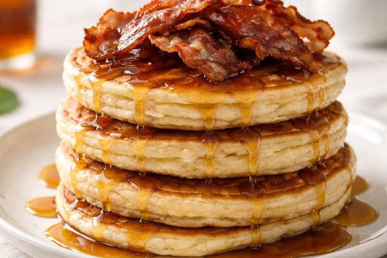 American Pancakes with Crispy Bacon and Maple Syrup